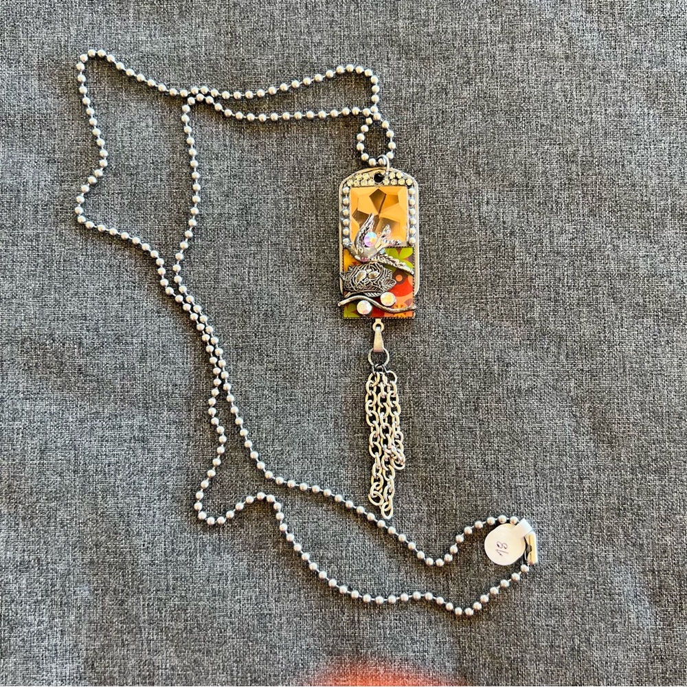 Vintage Glammy Tags Embellished Dog Tag Necklace Pendant Rhinestones Birds 34”